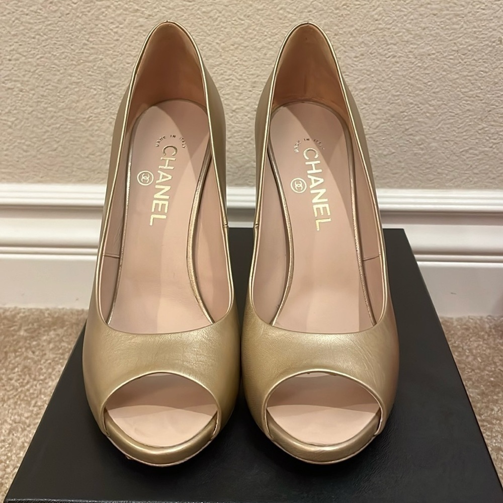 Chanel gold open toe pump with beautiful pearl detail. Worn 2 hours. PRICE FIRM